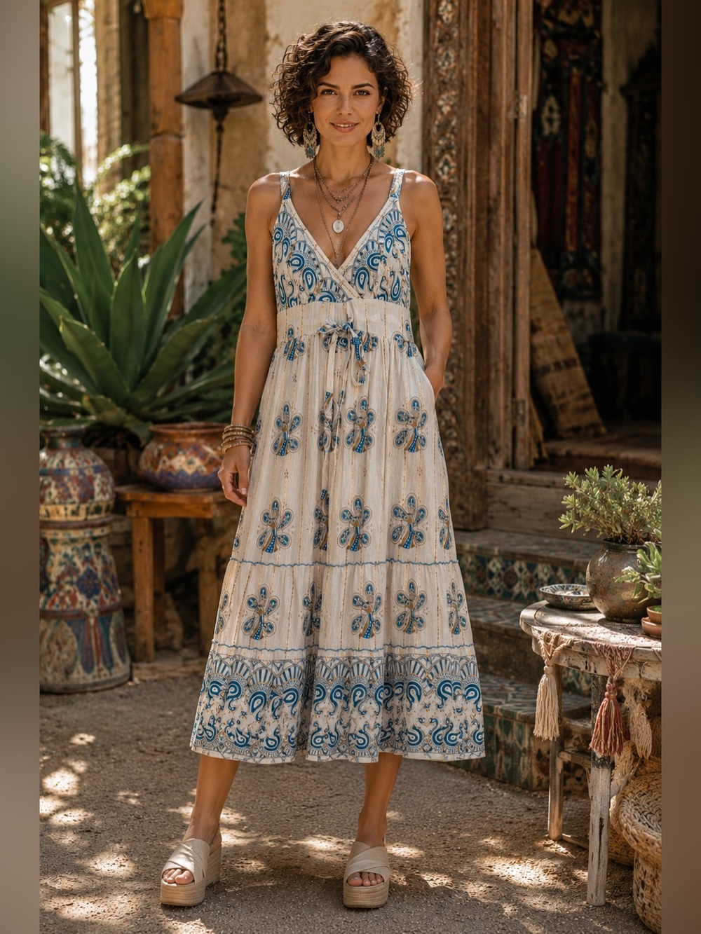H057 Nwt Ananta L/XL runs small M ptp16-22 Cream Midi Dress Teal Embroidered